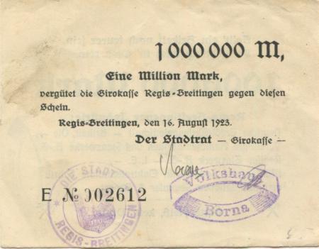 Regis-Breitingen - Stadt-Girokasse - 16.8.1923 - 1 Million Mark 