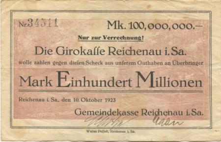 Reichenau (heute: Hartmannsdorf) - Gemeinde - 10.10.1923 - 100 Millionen Mark 