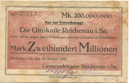 Reichenau (heute: Hartmannsdorf) - Gemeinde - 10.10.1923 - 200 Millionen Mark 