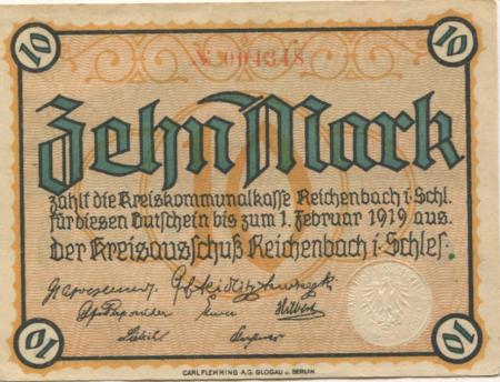 Reichenbach (heute: PL-Dzierzoniów) - Kreis - 1.2.1919 - 10 Mark 