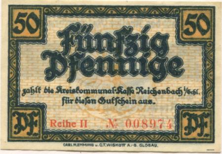 Reichenbach (heute: PL-Dzierzoniów) - Kreis - -- - 50 Pfennig 