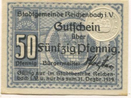 Reichenbach - Stadt - - 31.12.1919 - 50 Pfennig 