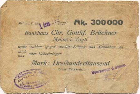 Reichenbach - Reißmann, J. & Söhne, Kammgarn-Spinnerei, Spinnmühle - 3.8.1923 - 300000 Mark 