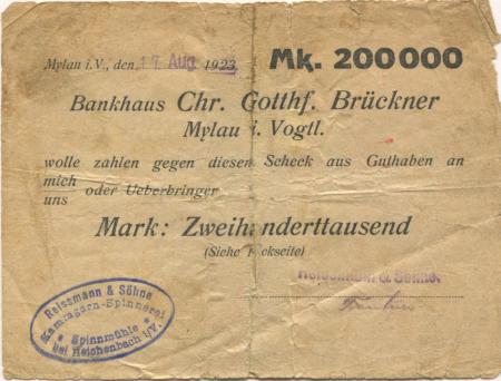 Reichenbach - Reißmann, J. & Söhne, Kammgarn-Spinnerei, Spinnmühle - 17.8.1923 - 200000 Mark 