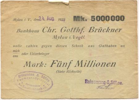 Reichenbach - Reißmann, J. & Söhne, Kammgarn-Spinnerei, Spinnmühle - 24.8.1923 - 5 Millionen Mark 