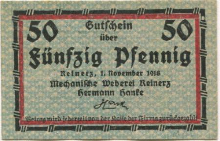 Reinerz (Bad) (heute: PL-Duszniki-Zdrój) - Hanke, Hermann, Mechanische Weberei - 1.11.1918 - 50 Pfennig 