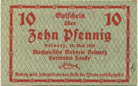 Reinerz (Bad) (heute: PL-Duszniki-Zdrój) - Hanke, Hermann, Mechanische Weberei - 15.5.1920 - 10 Pfennig 