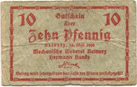 Reinerz (Bad) (heute: PL-Duszniki-Zdrój) - Hanke, Hermann, Mechanische Weberei - 15.5.1920 - 10 Pfennig 