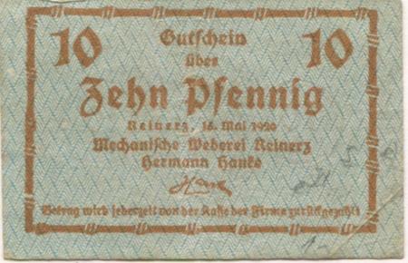 Reinerz (Bad) (heute: PL-Duszniki-Zdrój) - Hanke, Hermann, Mechanische Weberei - 15.5.1920 - 10 Pfennig 