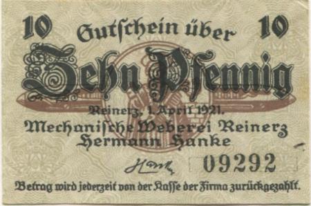 Reinerz (Bad) (heute: PL-Duszniki-Zdrój) - Hanke, Hermann, Mechanische Weberei - 1.4.1921 - 10 Pfennig 