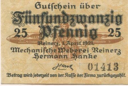 Reinerz (Bad) (heute: PL-Duszniki-Zdrój) - Hanke, Hermann, Mechanische Weberei - 1.4.1921 - 25 Pfennig 