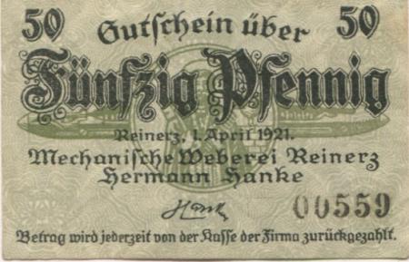 Reinerz (Bad) (heute: PL-Duszniki-Zdrój) - Hanke, Hermann, Mechanische Weberei - 1.4.1921 - 50 Pfennig 