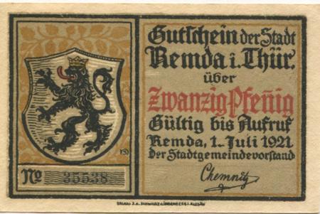 Remda (heute: Rudolstadt) - Stadt - 1.7.1921 - 20 Pfennig 
