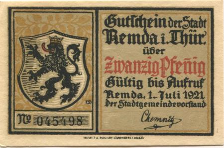 Remda (heute: Rudolstadt) - Stadt - 1.7.1921 - 20 Pfennig 