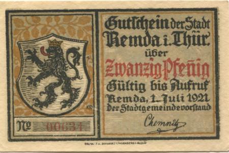 Remda (heute: Rudolstadt) - Stadt - 1.7.1921 - 20 Pfennig 