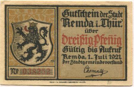 Remda (heute: Rudolstadt) - Stadt - 1.7.1921 - 30 Pfennig 