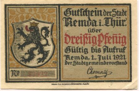 Remda (heute: Rudolstadt) - Stadt - 1.7.1921 - 30 Pfennig 