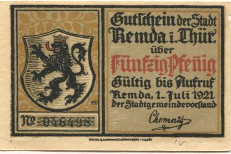 Remda (heute: Rudolstadt) - Stadt - 1.7.1921 - 50 Pfennig 