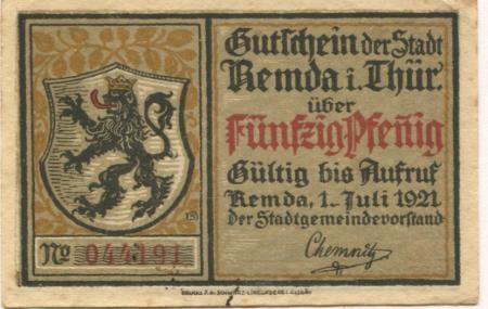 Remda (heute: Rudolstadt) - Stadt - 1.7.1921 - 50 Pfennig 