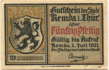 Remda (heute: Rudolstadt) - Stadt - 1.7.1921 - 50 Pfennig 