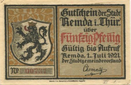 Remda (heute: Rudolstadt) - Stadt - 1.7.1921 - 50 Pfennig 