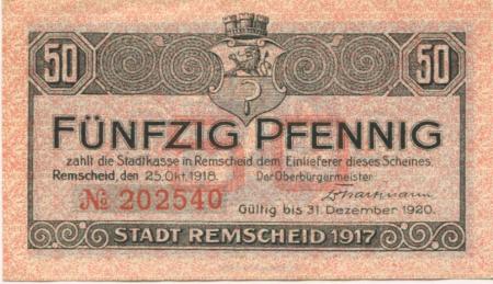 Remscheid - Stadt - 25.10.1918 - 31.12.1920 - 50 Pfennig 