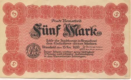 Remscheid - Stadt - 15.11.1918 - 5 Mark 