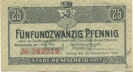 Remscheid - Stadt - 1.11.1919 - 31.12.1921 - 25 Pfennig 