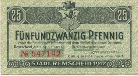 Remscheid - Stadt - 1.4.1920 - 31.12.1921 - 25 Pfennig 