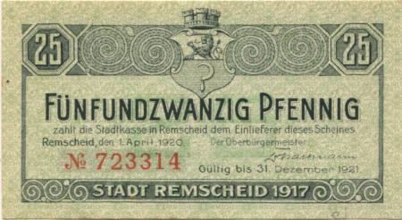Remscheid - Stadt - 1.4.1920 - 31.12.1921 - 25 Pfennig 