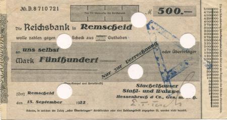Remscheid - Hessenbruch & Co. GmbH, Stachelhauser Stahl- und Walzwerke, Weststr. 22 - 15.9.1922 - 500 Mark 