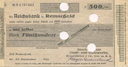 Remscheid - Hessenbruch & Co. GmbH, Stachelhauser Stahl- und Walzwerke, Weststr. 22 - 22.9.1922 - 500 Mark 