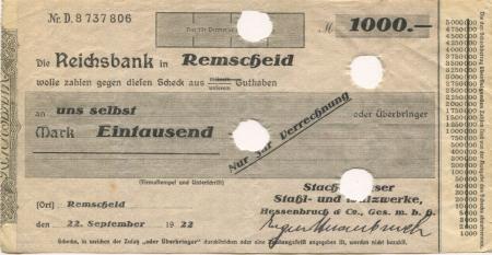 Remscheid - Hessenbruch & Co. GmbH, Stachelhauser Stahl- und Walzwerke, Weststr. 22 - 22.9.1922 - 1000 Mark 