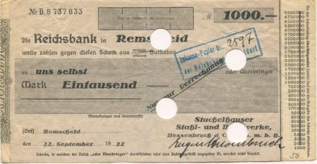 Remscheid - Hessenbruch & Co. GmbH, Stachelhauser Stahl- und Walzwerke, Weststr. 22 - 22.9.1922 - 1000 Mark 