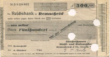Remscheid - Hessenbruch & Co. GmbH, Stachelhauser Stahl- und Walzwerke, Weststr. 22 - 6.10.1922 - 500 Mark 