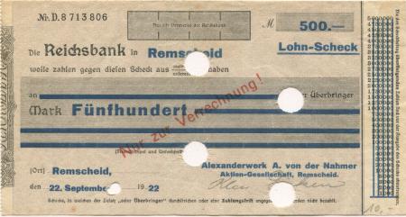 Remscheid - Nahmer, A. van der, Alexanderwerk AG - 22.9.1922 - 500 Mark 