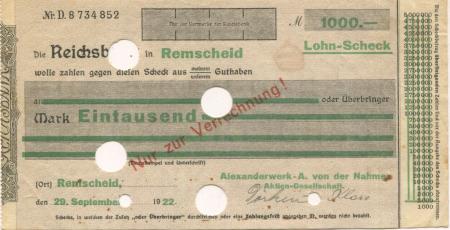 Remscheid - Nahmer, A. van der, Alexanderwerk AG - 29.9.1922 - 500 Mark 