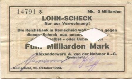 Remscheid - Nahmer, A. van der, Alexanderwerk AG - 25.10.1923 - 5 Milliarden Mark 