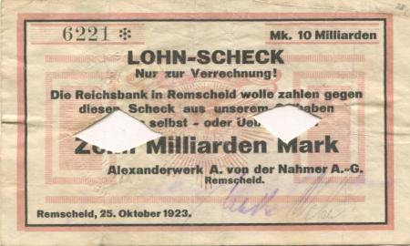 Remscheid - Nahmer, A. van der, Alexanderwerk AG - 25.10.1923 - 10 Milliarden Mark 