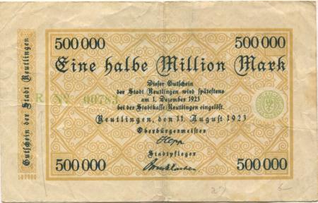 Reutlingen - Stadt - 11.8.1923 - 1.12.1923  - 1/2 Million Mark 