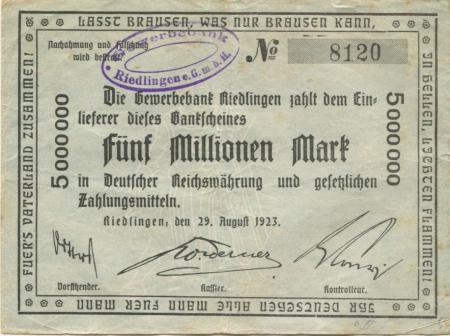 Riedlingen - Gewerbebank eGmbH - 29.8.1923 - 5 Millionen Mark 