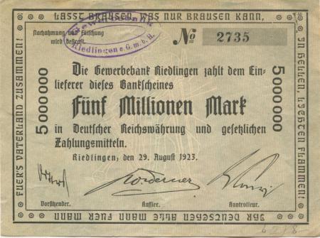 Riedlingen - Gewerbebank eGmbH - 29.8.1923 - 5 Millionen Mark 