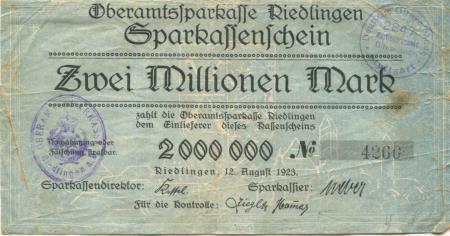 Riedlingen - Oberamtssparkasse - 12.8.1923 - 2 Millionen Mark 