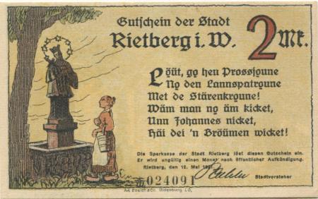 Rietberg - Stadt - 12.5.1921 - 2 Mark 
