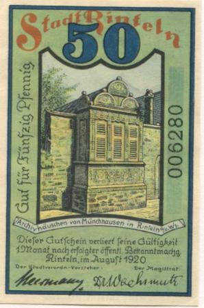 Rinteln - Stadt - August 1920 - 50 Pfennig 