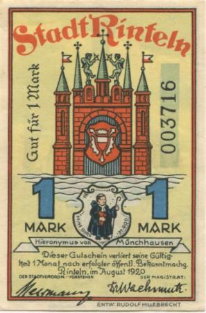 Rinteln - Stadt - August 1920 - 1 Mark 
