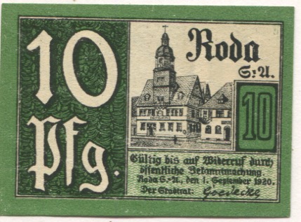 Roda (heute: Stadtroda) - Stadt - 1.9.1920 - 10 Pfennig 
