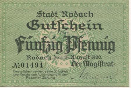 Rodach - Stadt - 15.8.1920 - 50 Pfennig 