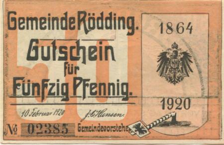 Rödding (heute: DK-Rødding) - 10.2.1920 - 50 Pfennig 