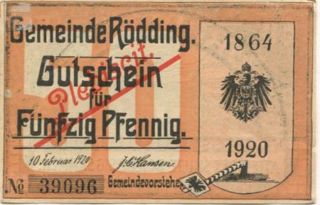 Rödding (heute: DK-Rødding) - 10.2.1920 - 50 Pfennig 